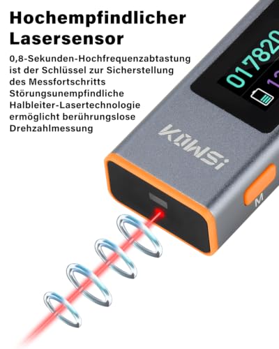 Digital Tachometer, Non-Contact Laser Speedometer RPM 300-200,000 rpm, TFT Color Display, 110 mAH Battery with USB-C Power Supply, 9 Records Storable, 0.8 s Response