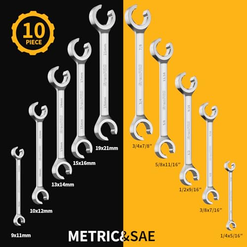 GRENPRO 6-Point Flare Nut Wrench Set – 10Pcs CR-V Steel Brake Line Wrench Kit for Cars & Trucks,Complete Standard (1/4"-7/8") and Metric (9-21mm) Sizes, Includes Storage Pouch & Identification Gauge Silver 10PCS Metric & SAE
