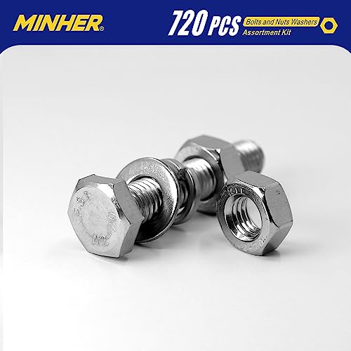 MINHER 720PCS M4 M5 M6 Bolts and Nuts Assortment Kit 304 Stainless Steel(18-8) Hex Screws Nuts & Washers, Includes 15 regular sizes M4, M5, M6 (720PCS)