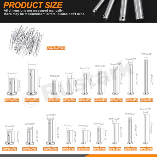 51Pcs 18 Sizes M5 M6 M8 M10 M12 Flat Head Single Hole Clevis Pins Assortment Kit Flat Head Fastener Pins T Shape Round Pin Link Hinge Pin Single Hole Clevis Pin for Auto