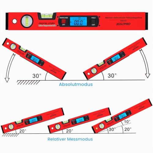 Inclinometer, RISEPRO Digital Inclinometer Angle Finder Gauge Spirit Level Upright Magnet 360° Range 416mm Long with Backlight Red