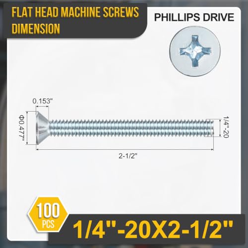 DTGN 1/4"-20x2-1/2 Phillips Flat Head Machine Screw Zinc Plated 100pcs 1/4"-20x2-1/2" Blue-tinged Silver 100