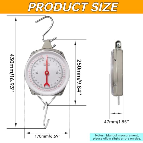 Mechanical Spring Scale 110lb/50kg, Large Display with 2 S-Hooks