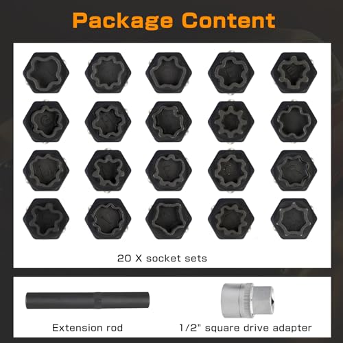 BHB 22PCS Wheel Locking Nut Key Removal Tool Kit Wheel Anti-Theft Lock Lug Nut Screw Remover Set with Punch and 1/2 Inch Driver Scoket Adaptor Compatible with Audi