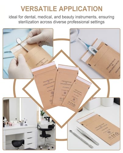 Kraft Paper Sterilisation Bags 60 Pieces | Set: 75 x 150, 100 x 200, 130 x 200 mm | Self-Sealing, Disposable | For Hot Air & Steam | Dental, Laboratory, Medical Hygiene