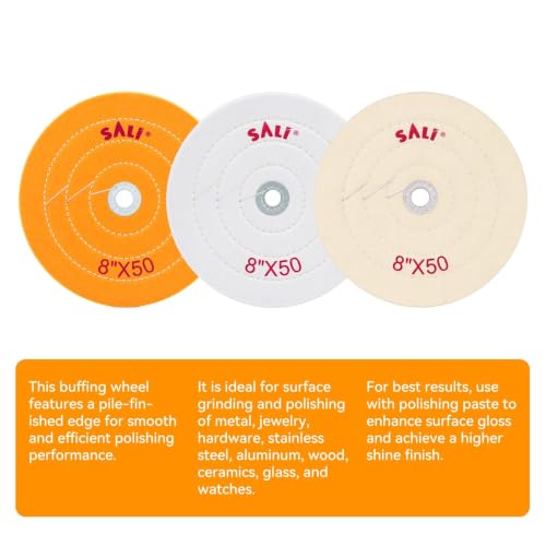 SALI 3 Pack Polishing Wheel for Bench Grinder Buffing Wheel 8 inch Yellow-Coarse White-Medium White -Fine (50 Ply) for 5/8'' Arbor Buffer Polisher Polish Pad Multi