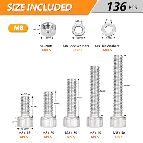 136 Pcs M8 Hex Socket Head Cap Screws Kit, M8-16/20/30/40/50mm Bolts M8 - 16/20/30/40/50mm