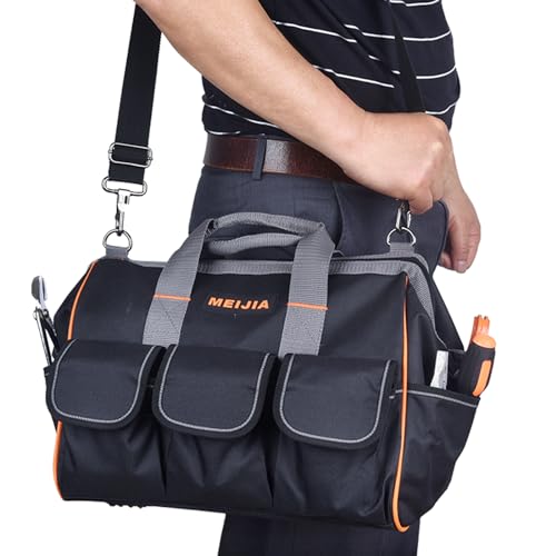 MEIJIA Heavy Duty Waterproof Tool Bag,14-Inch Wide Mouth Canvas Tool Organizer With Adjustable Shoulder Strap 14" Deluxe