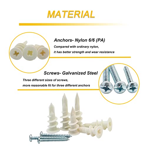3 Sizes Self Drilling Drywall Anchors, 310PCS Nylon Plastic Wall Anchors and Screws for Drywall, No Pre Drill Hole Preparation Required,13x32mm,15x33mm,13x42mm 3