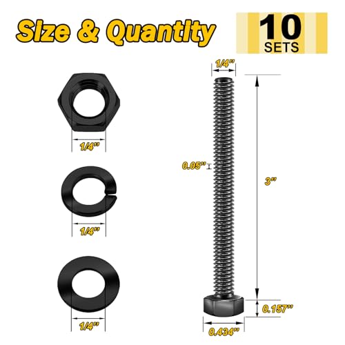 Mywish (10 Sets) 1/4-20x3 Hex Head Stainless Steel Bolts and Nuts with Flat & Lock Washers & 120Pcs 1/4-20 Lock Nuts, 304 (A2-70) Stainless Steel Nylon Insert Locknuts, Standard Inch 1/4-20 Nut