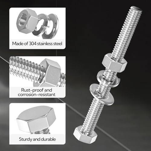 5PCS 1/2-13" x 6" 304 Stainless Steel Fully Threads Bolt, Hex Head Bolts with Nut Spacer and Spanner 1/2-13" x 6"