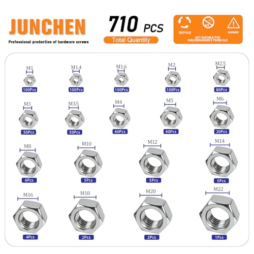 M1-M22 304 (A2-70) Stainless Steel Hex Nut Kit,710pcs 18 Sizes Hex Lock Self-Locking Metric Thread Hardware Nuts Assortment Kit M1 M1.4 M1.6 M2 M2.5 M3 M3.5 M4 M5 M6 M8 M10 M12 M14 M16 M18 M20 M22
