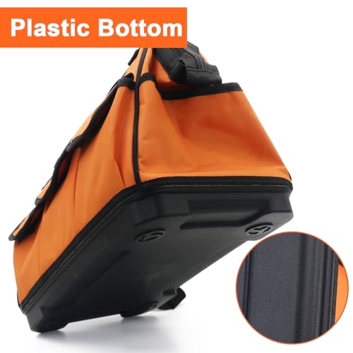 16 Inch Heavy Duty Tool Bag - Molded Plastic Base, Waterproof 900D Oxford Cloth, 16 Pockets Wide Mouth Tool Organizer with Shoulder Strap for Power/Hand Tools (Orange) YT-STBAG-1601