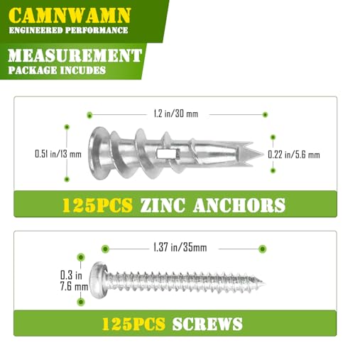 250pcs #8 Metal Self-Drilling Drywall Anchors, (125 Anchors+125 Screws) Hollow Zinc Wall Anchors and Screws Kit, 125pcs Heavy Duty Anchors 125pcs #8 x 1-1/4" Screws 250