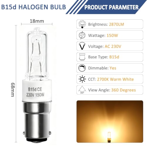 Caldarax Pack of 2 B15d Dimmable Light Bulbs, 150 Watt, Warm White 2700 K, AC 230 V, Clear Light Centre Ceram Base, B15d Halogen Lamp for Ceiling Lamp, Chandelier, Sewing Machine Lamp, Wall Lamp