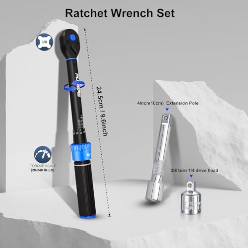 3/8" Drive Inch Pound Torque Wrench 20-240 in.lb, ±3% Accuracy, Dual-Direction 72-Tooth Small Torque Wrench Set with Extension Bar 3/8" Adapter for Bike Motorcycle Car Maintenance 3/8" 20-240 in.lb - 4 Pcs