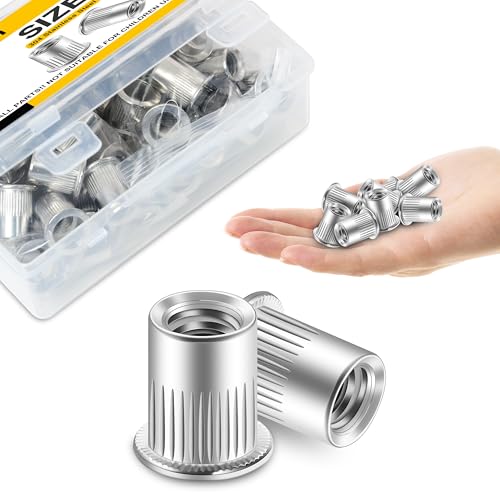 Mywish 120Pcs SAE 6#32 8#32 10#24 10#32 5/16-18 3/8-16 1/2-13 1/4-20 Hex Lock Nuts Sets & 50Pcs 3/8 Rivet Nuts, 304 Stainless Steel Flat Head RIV Nuts, 3/8-16 Nut Threaded Inserts Rivnuts