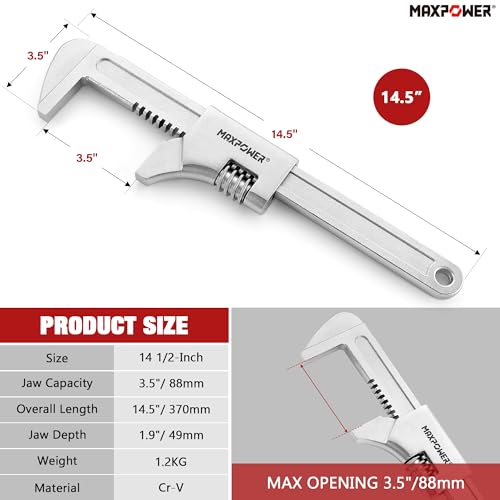 MAXPOWER 14 1/2" Automotive Wrench, Wide Jaw Opening 3.5", Adjustable Auto Wrench for Automobiles Construction, Machine Maintenance and Home Repairs