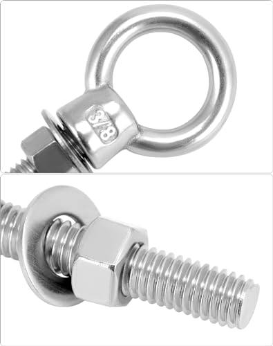QWORK Threaded Eyebolts, 10 Pack 3/8" x 2" Long 304 Stainless Steel Marine Grade Shoulder Eye Bolt 3/8" x 2" 10 Pack - 304