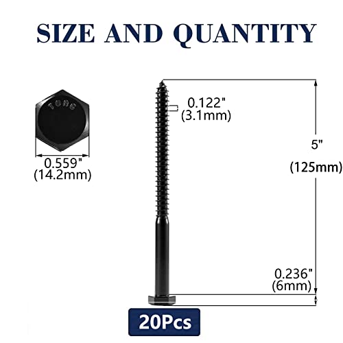 3/8" x 5" Hex Head Lag Screws Bolts 20Pcs 304 Stainless Steel 18-8, Partial Thread, Hexagon Head Wood Screws by Black Oxide by SG TZH 20 3/8" x 5"