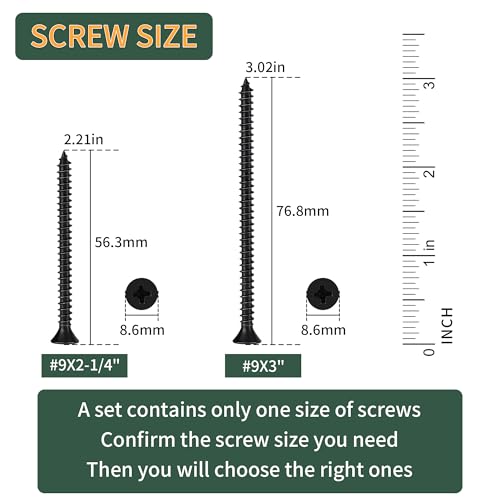 300 Pcs Wood Screws #9 X 2-1/4" Flat Head Phillips Screws Coarse Thread Self Tapping Screws, Matte Black #9 X 2-1/4"