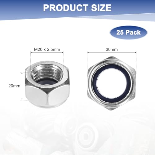 M METERXITY 25-Pack Nylon Insert Hex Lock Nuts, M20 x 2.5mm Thread 304 Stainless Steel Self-Locking Locknuts Hexagon Nut Metric Nuts for Machinery/Home Repair/Industrial Fasteners