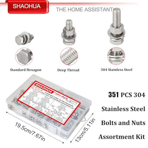 M3/M4/M5/M6/M8/M10/M12 Metric Bolt Assortment Kit, 304 Stainless Steel Heavy Duty Flat Hex Head Screws Bolts and Nuts Kit, Nuts Flat Gasket and Lock Washers Assortment Ki, Silver, 351Pcs Silver - 351PCS M3 M4 M5 M6 M8 M10 M12