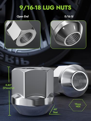 AUTOPTIM 9/16-18 Open End Lug Nuts - 32 Pcs Chrome Conical for Ram Dodge 9/16"-18