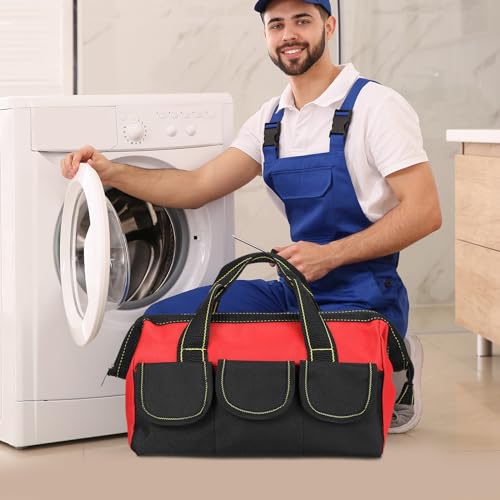 Sanwuta 9 Pcs Tool Bag for Men 3 Heavy Duty Wide Mouth Tool Bags and 6 Small Waterproof Pouch Tote for Electrician Carpenter Mechanic Father's Day Christmas Gifts(16 Inch,Blue Red Yellow) Blue Red Yellow 16 Inch