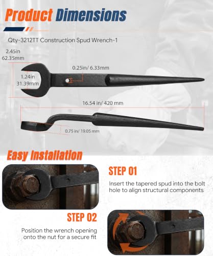 5459T Leather Spud Wrench Pouch Holder, Fits 3.5" Tool Belts, 3212TT Heavy Duty Construction Spud Wrench, 1-1/4" Opening for 3/4" U.S. Heavy Nuts with Tapered Alignment Spud & Tether Hole