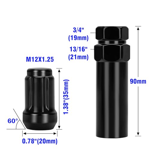 21PCS ATV 12x1.5 Lug Nuts Set, Black Spline Taper Seat Wheel Nuts (20+1) with Socket Key, for Polaris Ranger RZR XP General, Pioneer 500 700 1000, Aftermarket Wheel Use
