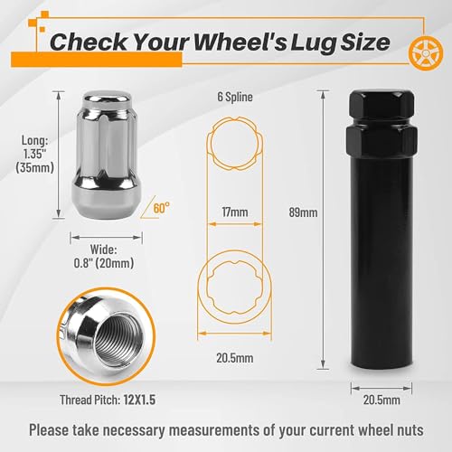 M12x1.5 Chrome Spline Lug Nuts, 20pcs Chrome Closed End Lug Nuts - Compatible with 2006-2019 Ford Fusion, 2000-2019 Ford Focus, 2001-2019 Ford Escape Aftermarket Wheel