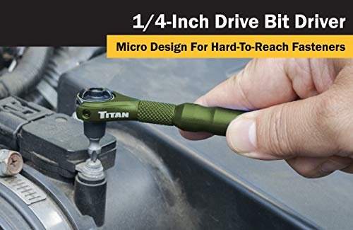 Titan Tools 11325 1/4-Inch Drive x 4-Inch 90-Tooth Swivel Head Micro Ratcheting Bit Driver - Green Swivel Head - Green