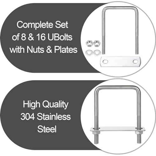 8 Pack 304 Stainless Steel Square U Bolts 2.5 Inch Inner Width Carbon Steel M8 Heavy Duty U Shaped Bolts Metal U Bolts with Washers&Nuts for Sailboat Trailer Automobiles Industrial Part 8x60x100mm