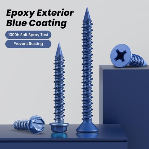 100Pcs 1/4 x 2-1/4 Inch Concrete Screws Anchor with Drill Bit, Blue Hex Head Masonry Brick Stucco Cement Block Screws, Diamond Point 1/4"x2-1/4" Blue-Hex Head 100