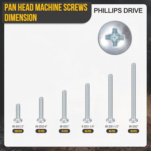 DTGN 370pcs #8-32 Pan Head Machine Screws Bolts Kit Carbon Steel #8-32x1/2"/3/4"/1"/1-1/4"/1-1/2"/2" 370