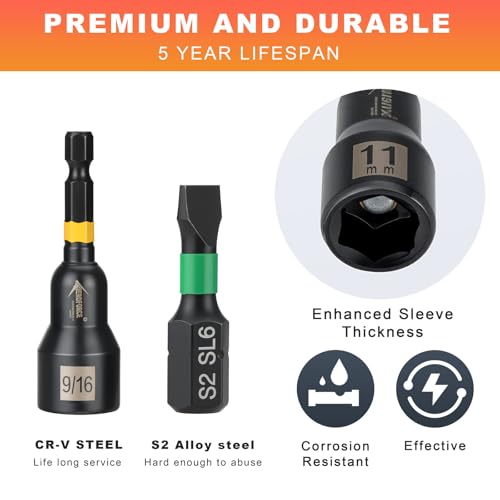 AEROFORCE 41 PCS Magnetic Nut Driver Set, Impact Drill Driver Bit 1/4" Hex Shank, SAE & Metric Cr-V Steel Power Nut Drivers with Quick-release Extensions, Impact Socket Adapters, Bit Holder 41PCS Magnetic Nut Driver Set