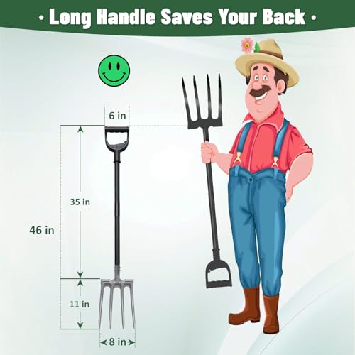 Lilyvane Garden Fork, 4-Tine Gardening Pitchfork with 35” Metal Handle, 46” Long Heavy Duty Digging Manure Forks for Farm Garden Mulch Spreading, Loosening,Potato Digging Composting Transplanting