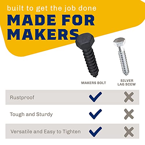 1/2" x 2”, 25-Piece Black Lag Bolts, Rustproof 4-Layer Ceramic BLAKOTE, 2X Protection of Galvanized Lag Screws, for Decks Pergolas by Makers Bolt 1/2 x 2