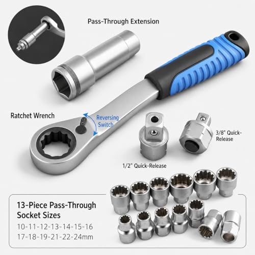 17-Piece Pass Through Socket Set with 72-Tooth Ratchet Wrench, Metric Sockets 10mm to 24mm, 1/2" and 3/8" Adapters, Extension Socket