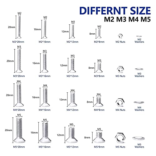 NINDEJIN M2 M3 M4 M5 Stainless Steel Hex Socket Head Cap Screw Bolts & Flat Washers & Nuts Assortment Kit (Flat Head + Round Head)