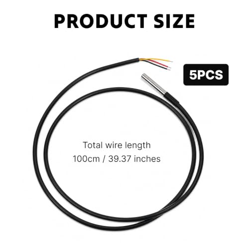 Pack of 5 DS18B20 Waterproof Temperature Sensor 1-Wire Digital Temperature Sensor 5 m Cable Compatible with Arduino Raspberry Pi Shelly Temperature Sensor for Industrial DIY Projects