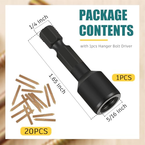 Hicarer 20 Pack 5/16-18 x 6 Inch Hanger Bolts with Driver Bit Gold