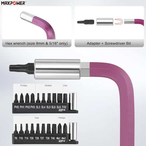 MAXPOWER 18PCS Hex Key & 22PCS Bit Set, SAE/Metric Extra Long Arm Ball End