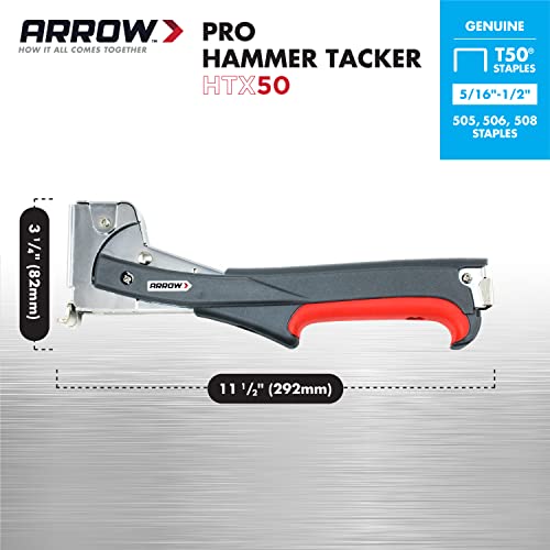Arrow HTX50 Professional Heavy Duty Hammer Tacker, Manual Stapler for Construction and Insulation, Ergonomic Grip Handle, Dual-Capacity Rear-Load Magazine, Fits 5/16”, 3/8", or 1/2" Staples , Grey UNT