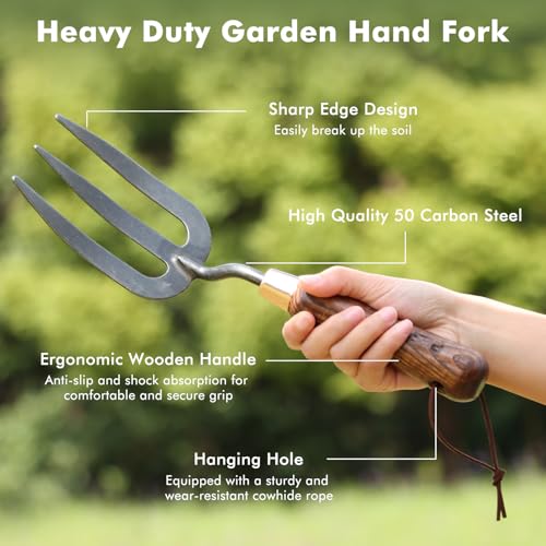 RESTMO Gardening Tools Bundle: Heavy Duty Gardening Tools Kit & Gardening Hand Fork, Premium Carbon Steel Garden Hand Tools with Ergonomic Wooden Handle