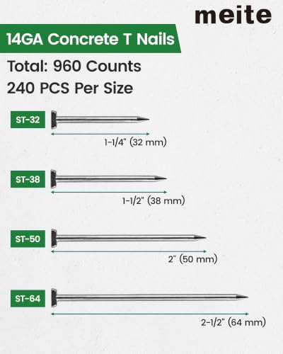 meite 14 Gauge Concrete T Nails, 960 PCS Concrete Nails for Concrete Nailer