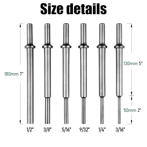 MonkeyKingBar-Pneumatic Drift Punch 6pcs Set, 0.401 Inch Round Shank,3/16-1/2 Inch Tips, 7 Inch Length, Steel Punches for Removing Rusted Bolts