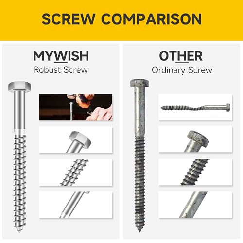 Mywish (50Sets) 3/8" x 1-1/2" Lag Bolts, 304 Stainless Steel 3/8 inch Lag Screws Bolts for Wood, Heavy Duty Hex Head with Flat Washers Bolt Kit, Bright Finish 3/8 x 1-1/2"