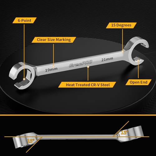 GRENPRO 6-Point Flare Nut Wrench Set – 10Pcs CR-V Steel Brake Line Wrench Kit for Cars & Trucks,Complete Standard (1/4"-7/8") and Metric (9-21mm) Sizes, Includes Storage Pouch & Identification Gauge Silver 10PCS Metric & SAE